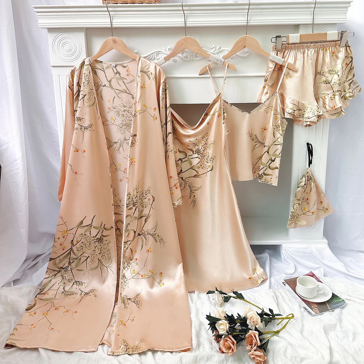 kf-S12f274b2ce51401db8bf755fad62ecccy.webp 5pcs Floral Print Long Sleeve Robe Cami Dress Cami Top Ruffle Hem Shorts Simple Pajamas Sets for Women - Image 1