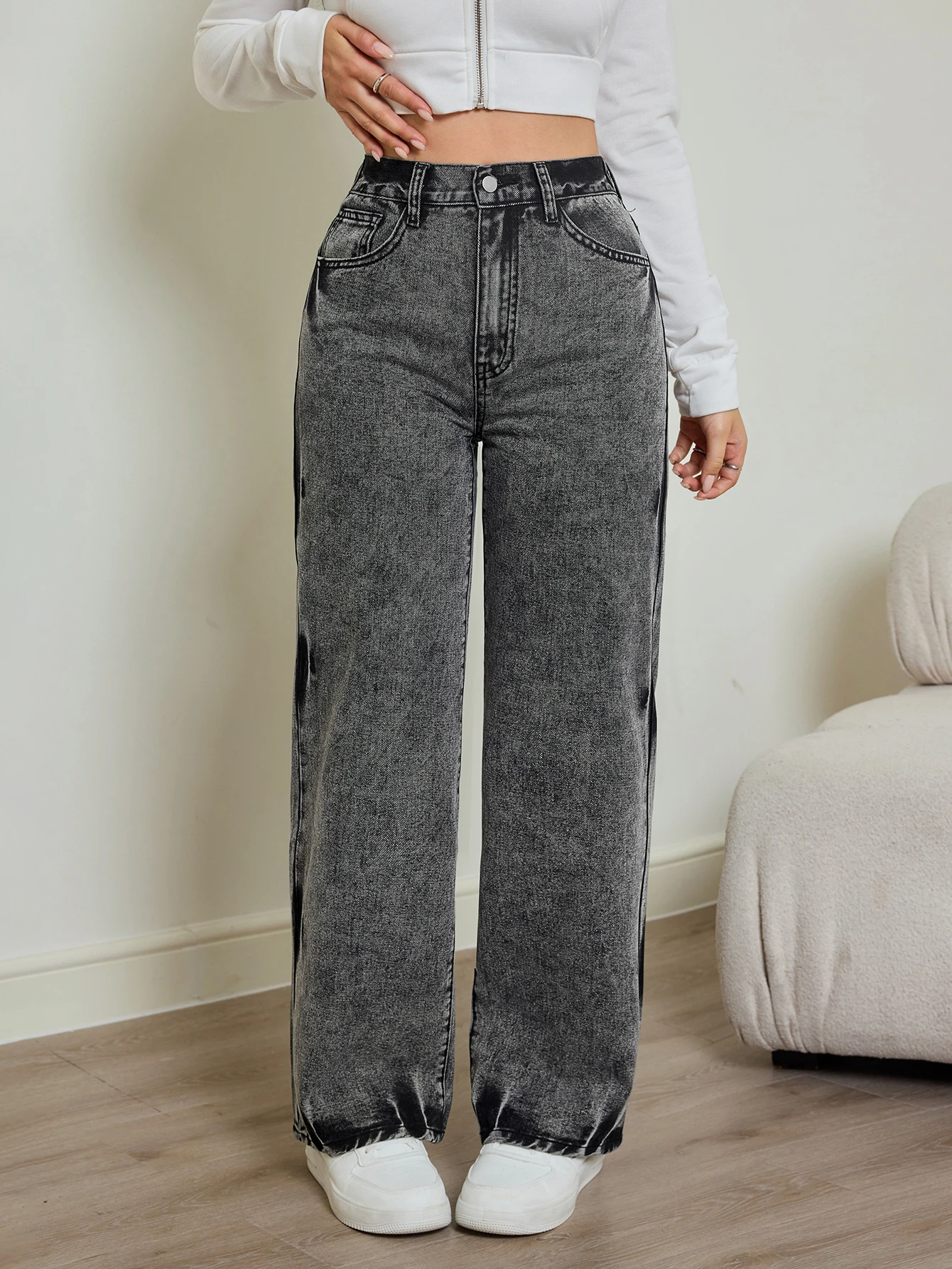 kf-S20a72a57601b43ea86340708f6be53604.webp 2025 autumn new women's jeans, tie-dye contrast washing, elastic waist, high waist straight jeans - Image 1