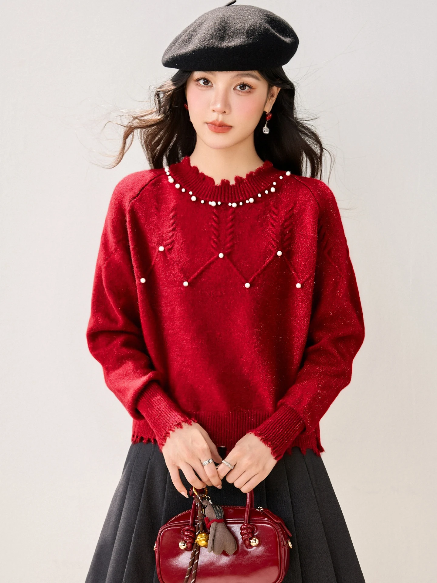 kf-S25fc0824af064d26bc222fc1289baf53e.webp 2025 Winter Collection Features A New Red Base Sweater For The Zodiac Year With Beautiful Beaded And Elegant Unique Women'S Top - Image 1