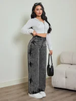 2025 autumn new women's jeans, tie-dye contrast washing, elastic waist, high waist straight jeans - Image 6