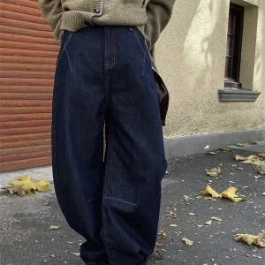 HanOrange Winter Vintage Arc High Waist Wide Leg Jeans Women Thickened Warm Loose Casual Trousers Female Dark Blue