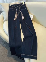 2025 Autumn New Denim Blue Wide Leg Women's Jeans Super Popular Pants with Silk Scarf Belt Fashion Straight Trousers