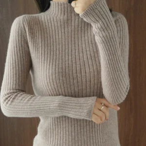 Women Sweater Autumn Winter Thick Warm Slim Fit Sweaters Solid Long Sleeve Fashion Korean Jumpers Half High Collar Knitwears