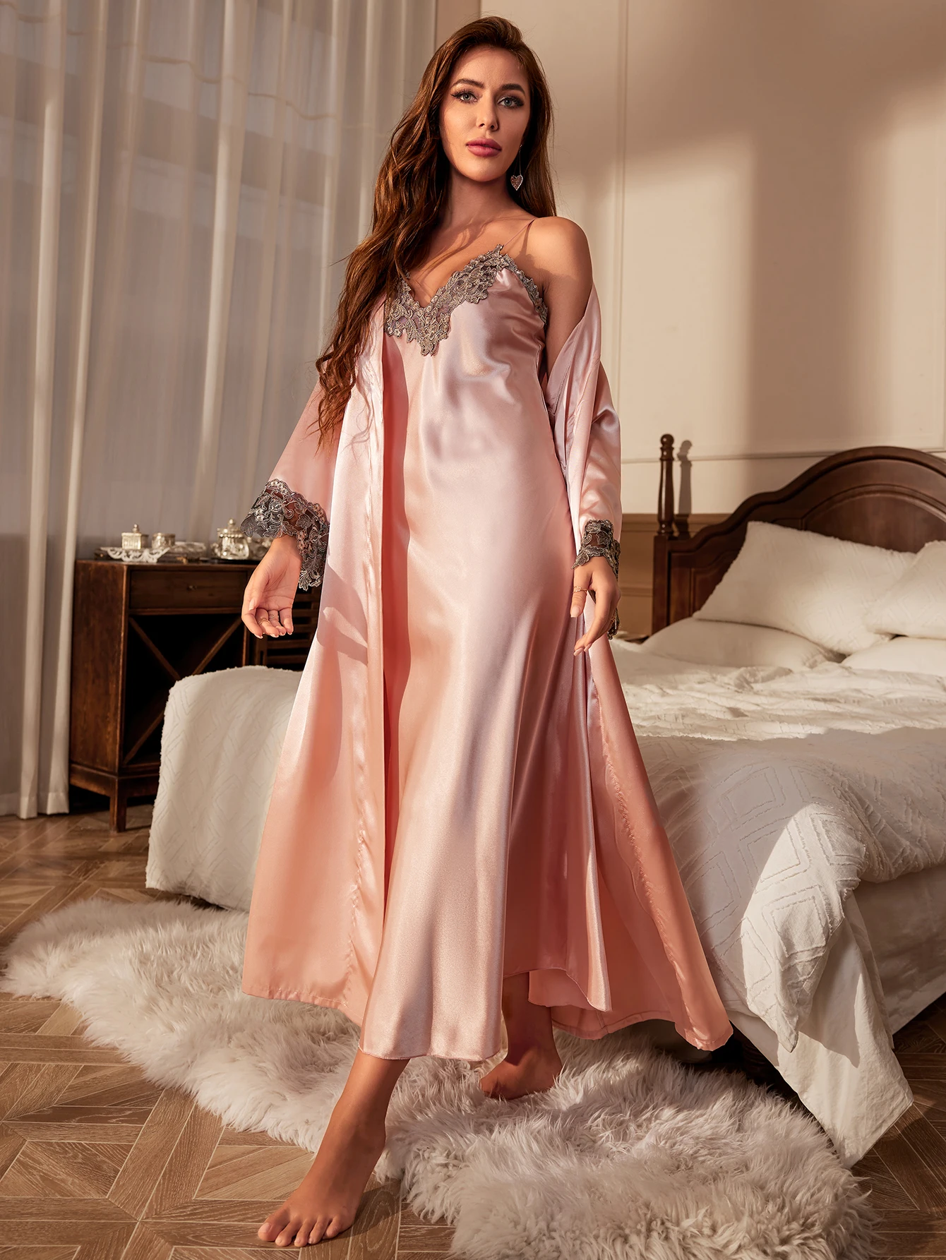kf-S7d9d05f199f34203bc44bc67e491e88d0.webp Contrast Lace Pajama Set Long Sleeve Robe With Belt V Neck Slip Dress Women's Sleepwear Loungewear - Image 1