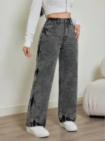 2025 autumn new women's jeans, tie-dye contrast washing, elastic waist, high waist straight jeans - Image 4