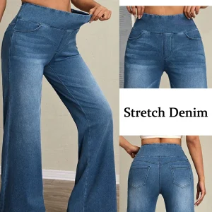 Women's high-rise wide-leg jeans with tummy tuck, slim fit, made from stretch denim fabric, are stylish for casual everyday wear