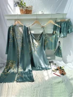 5pcs Floral Print Long Sleeve Robe Cami Dress Cami Top Ruffle Hem Shorts Simple Pajamas Sets for Women - Image 4