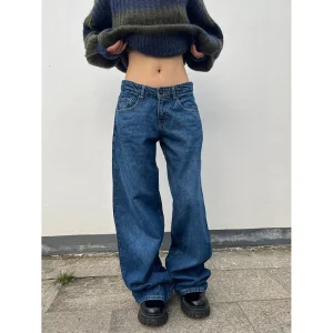 YIBASHU Autumn Winter Women Blue Denim Pants Low Rise Y2K Baggy Jean Japanese Dark Academia Cowboy Harajuku Grunge Stacked Jeans