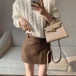 2024 Autumn Winter Soft Woolen High Waist Mini Skirt Women A-line Package Hips Short Skater Party Femme Camel Gray - Image 3