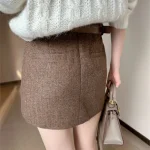 2024 Autumn Winter Soft Woolen High Waist Mini Skirt Women A-line Package Hips Short Skater Party Femme Camel Gray - Image 4